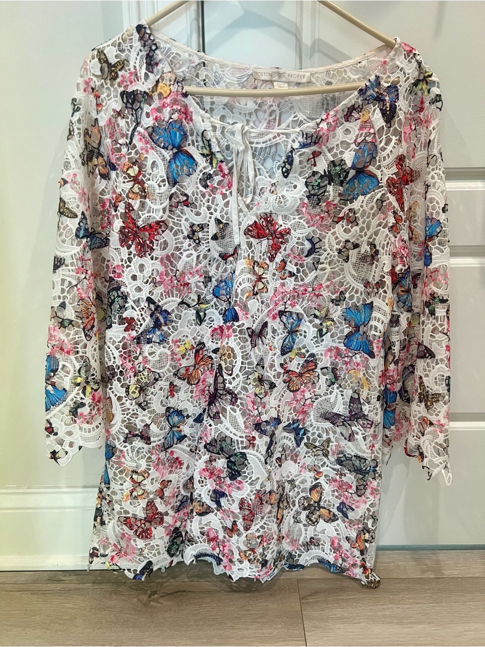 Boston Proper White Lace Tunic with Multicolor Butterfly Print